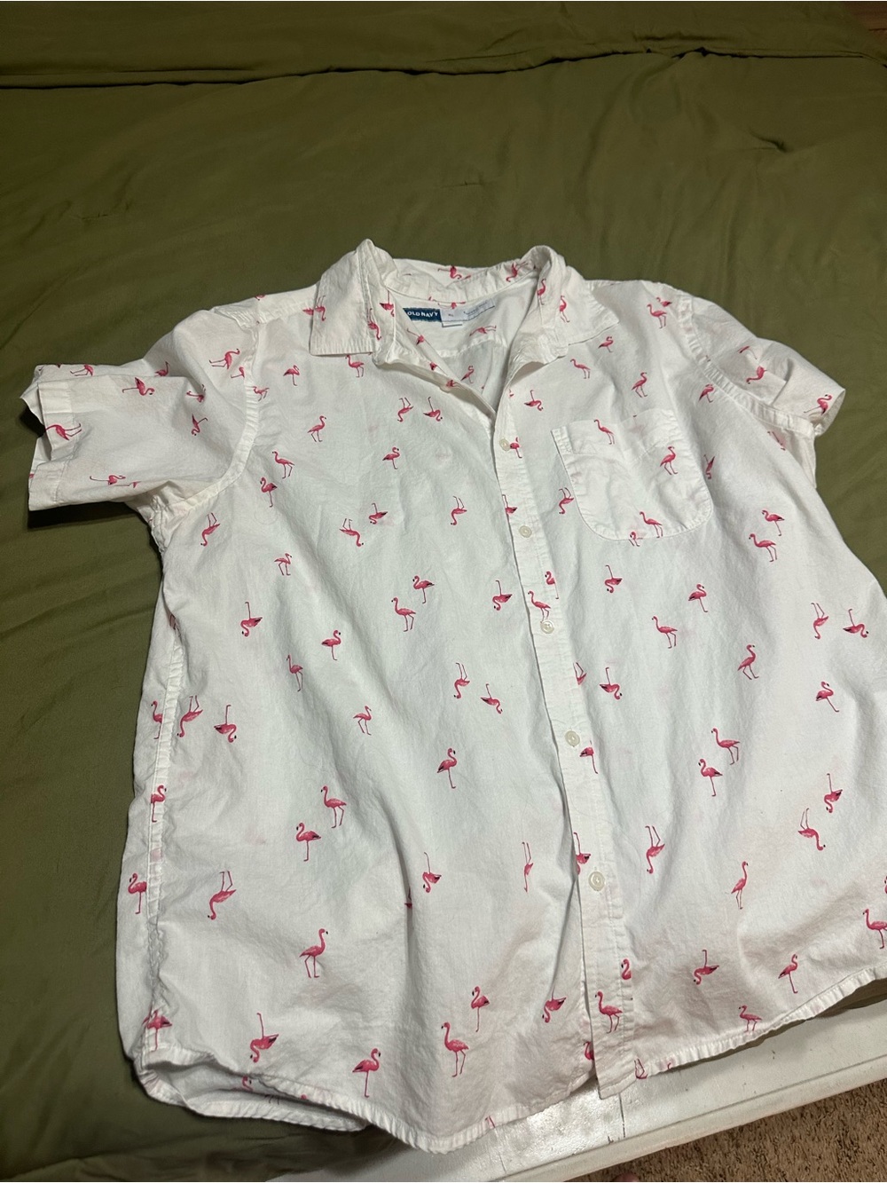 Old Navy White Short Sleeve Button-Down Shirt with Pink Flamingo Print